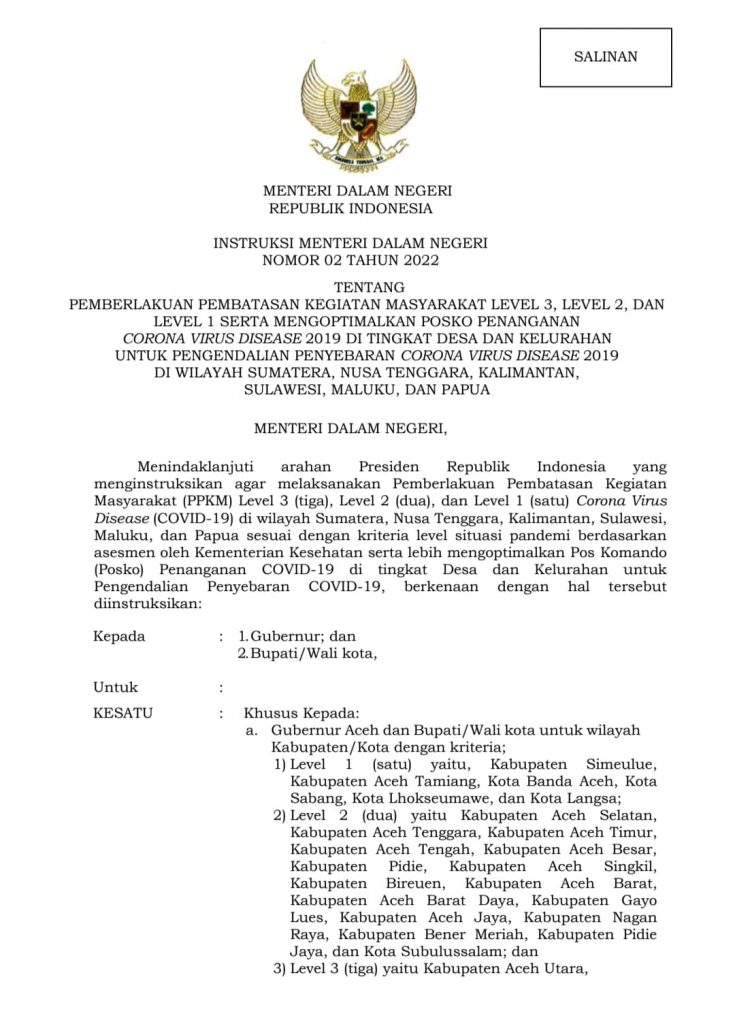Ini Instruksi Mendagri Yang Baru Terkait PPKM Dibeberapa Level